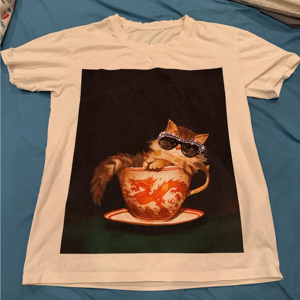 Gucci White Tee with Sunglass-Wearing Orange Tabby Cat in Teacup